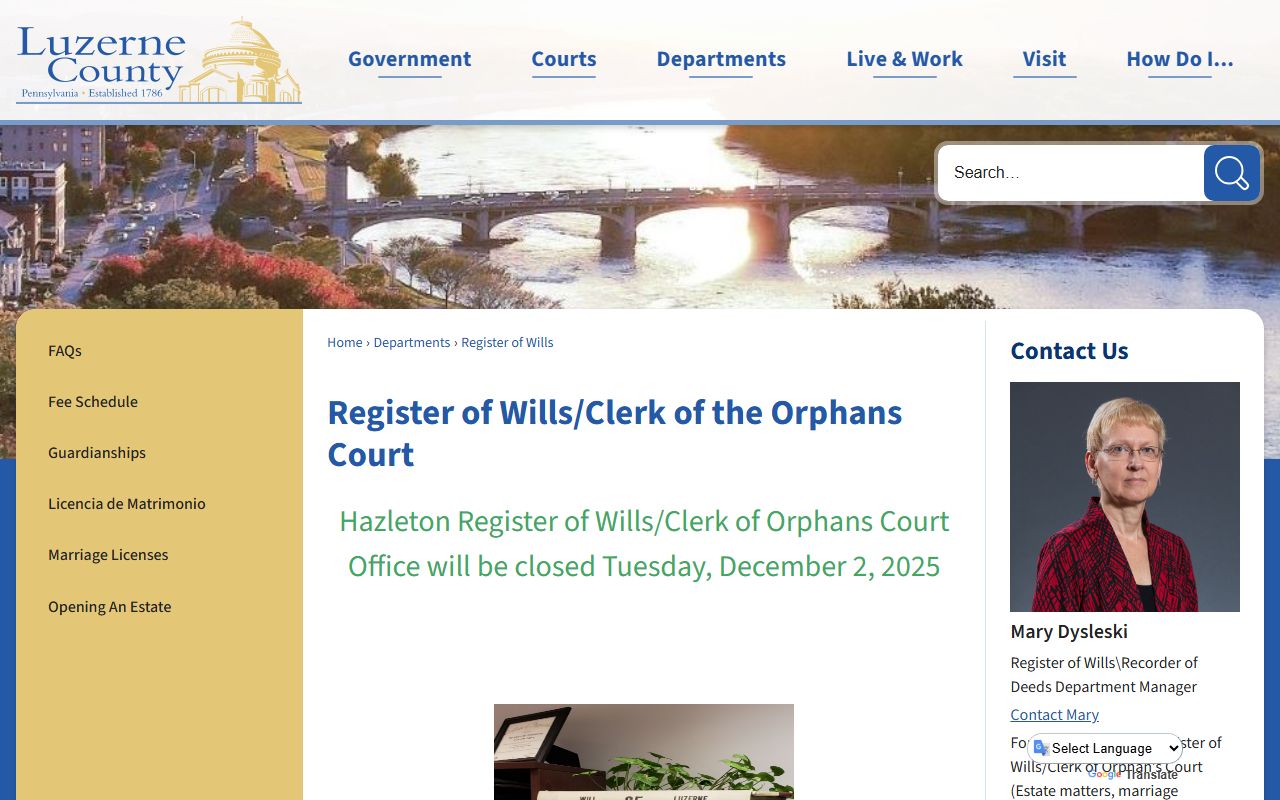 Luzerne County Prothonotary split clerk Register of Wills and Orphans' Court page