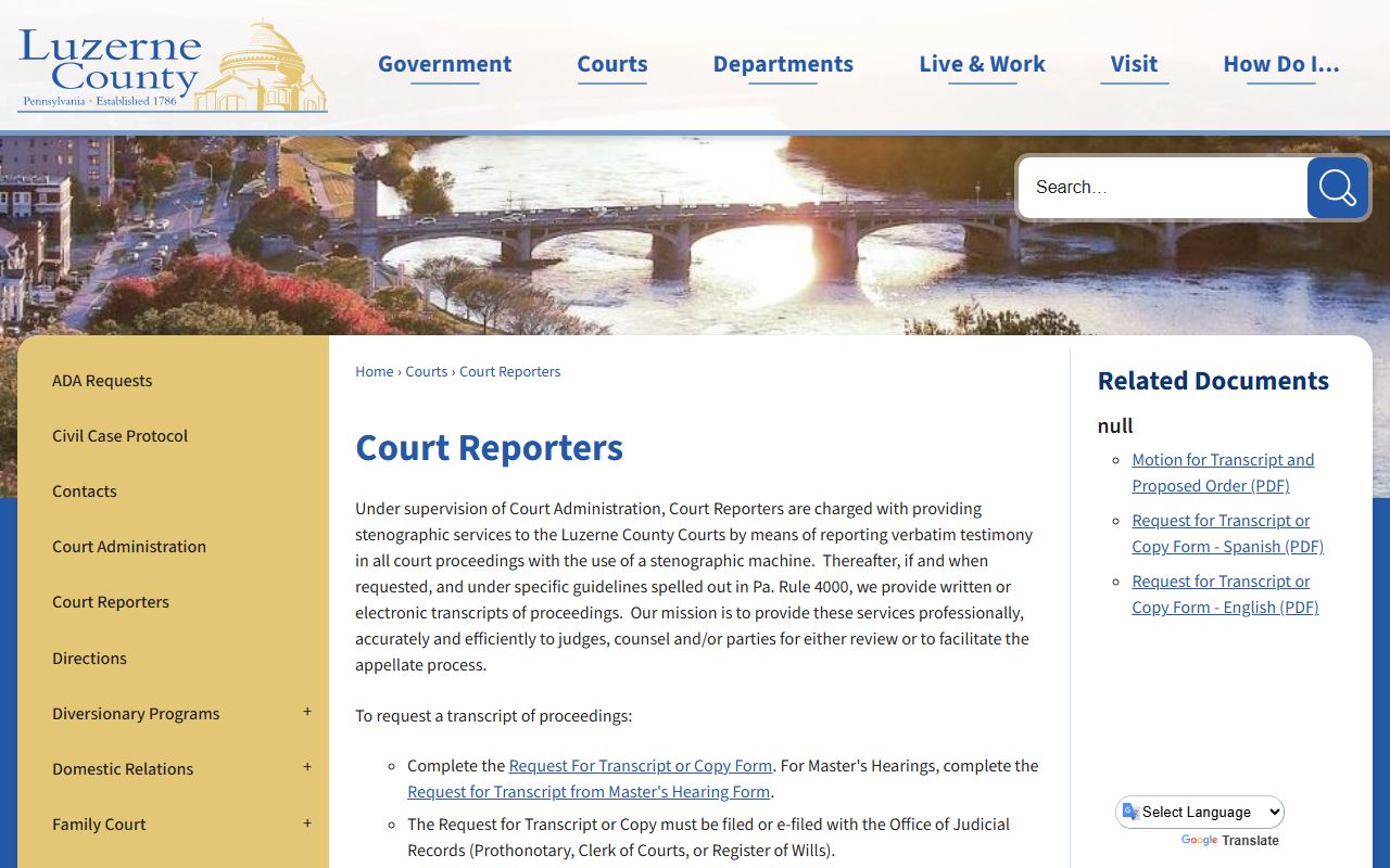 Luzerne County Prothonotary court reporter transcript request information
