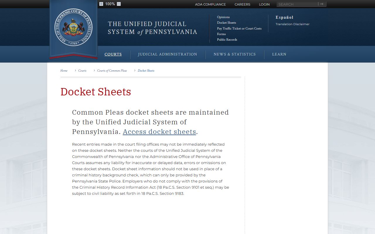 Luzerne County court dockets Common Pleas docket sheet guidance