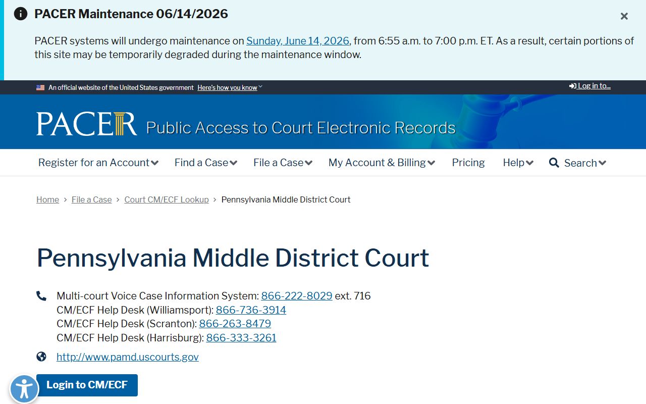 Luzerne County court dockets PACER Middle District lookup