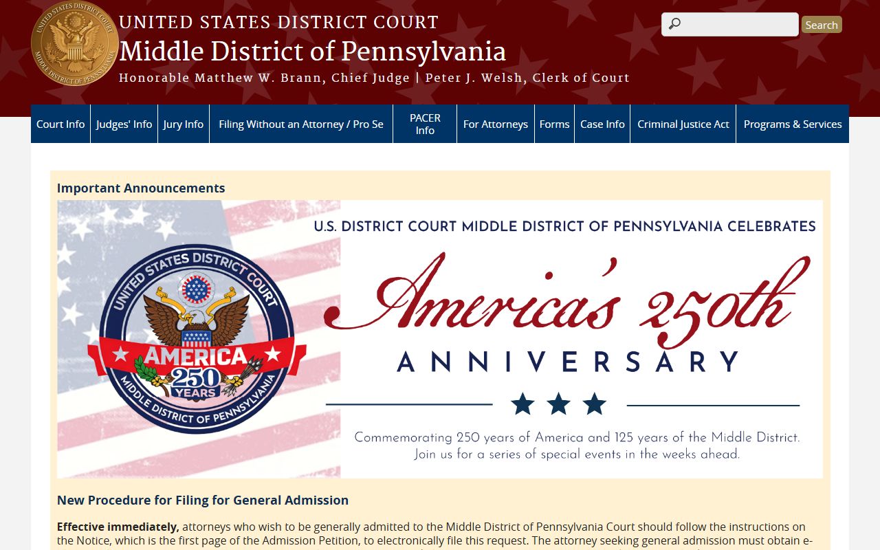 Luzerne County court dockets federal Middle District court homepage