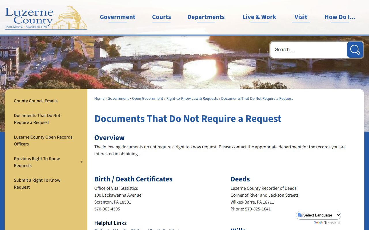 Luzerne County court records request routing page
