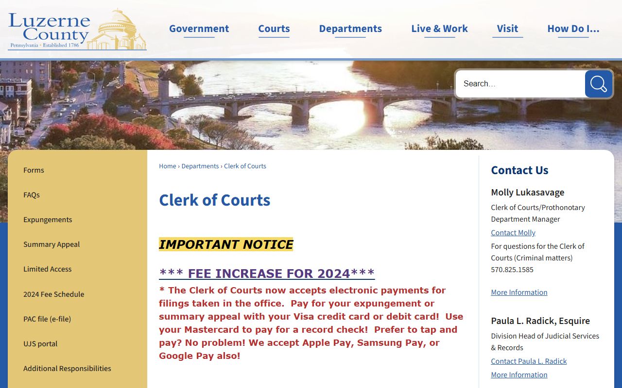 Luzerne County criminal court records Clerk of Courts page