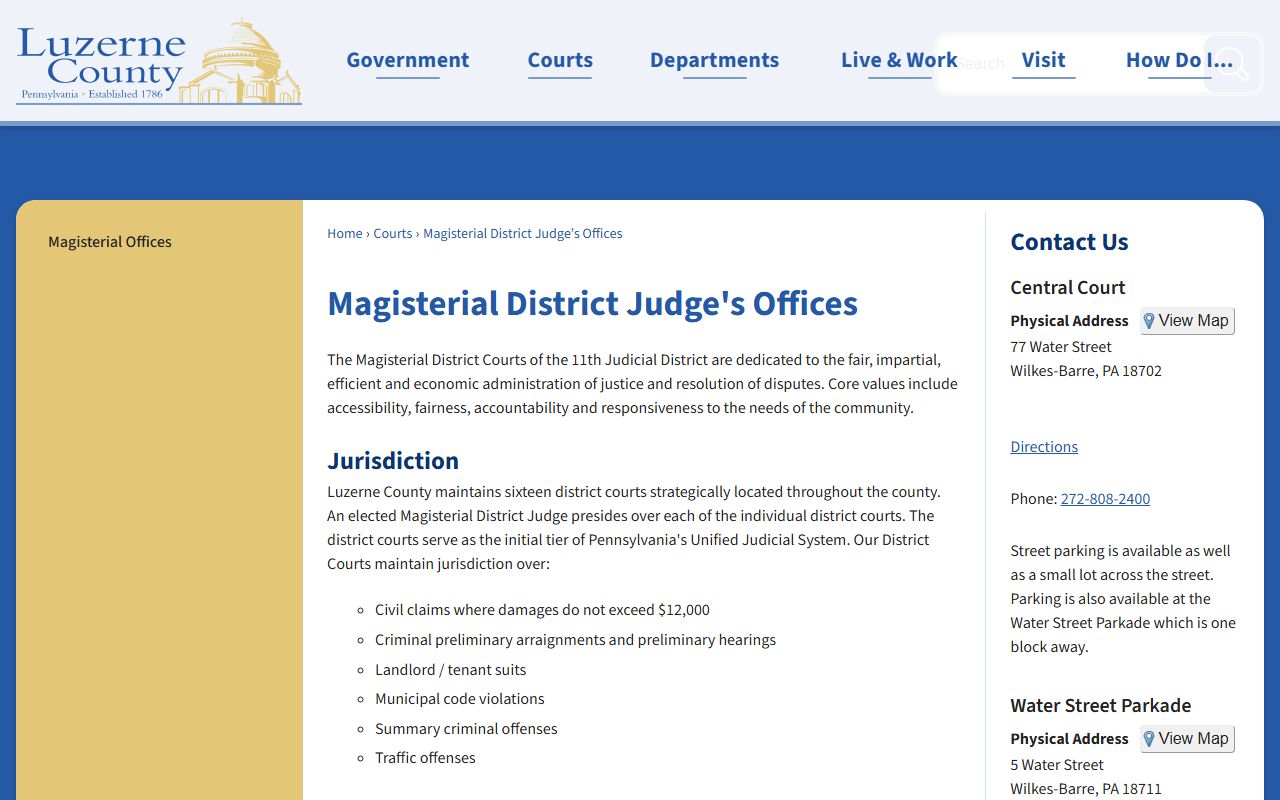 Luzerne County Court of Common Pleas Magisterial District Courts jurisdiction page