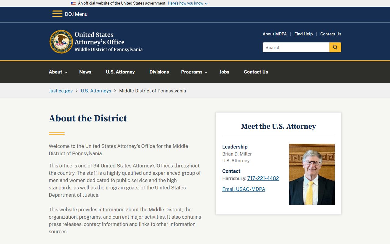 Luzerne County Court of Common Pleas federal U.S. Attorney Middle District page