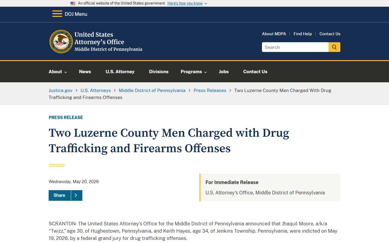 Luzerne County Court of Common Pleas federal criminal case news example