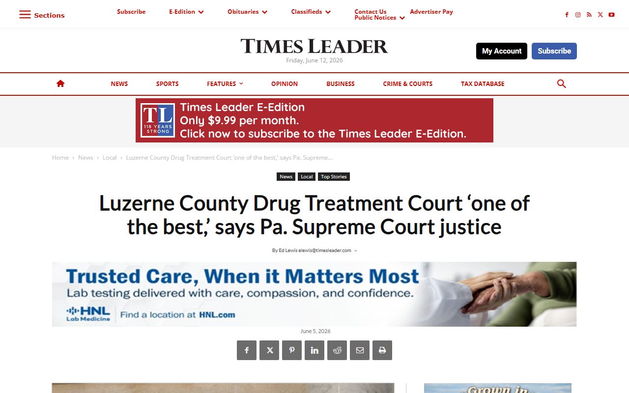 Luzerne County Court of Common Pleas Treatment Court certification news