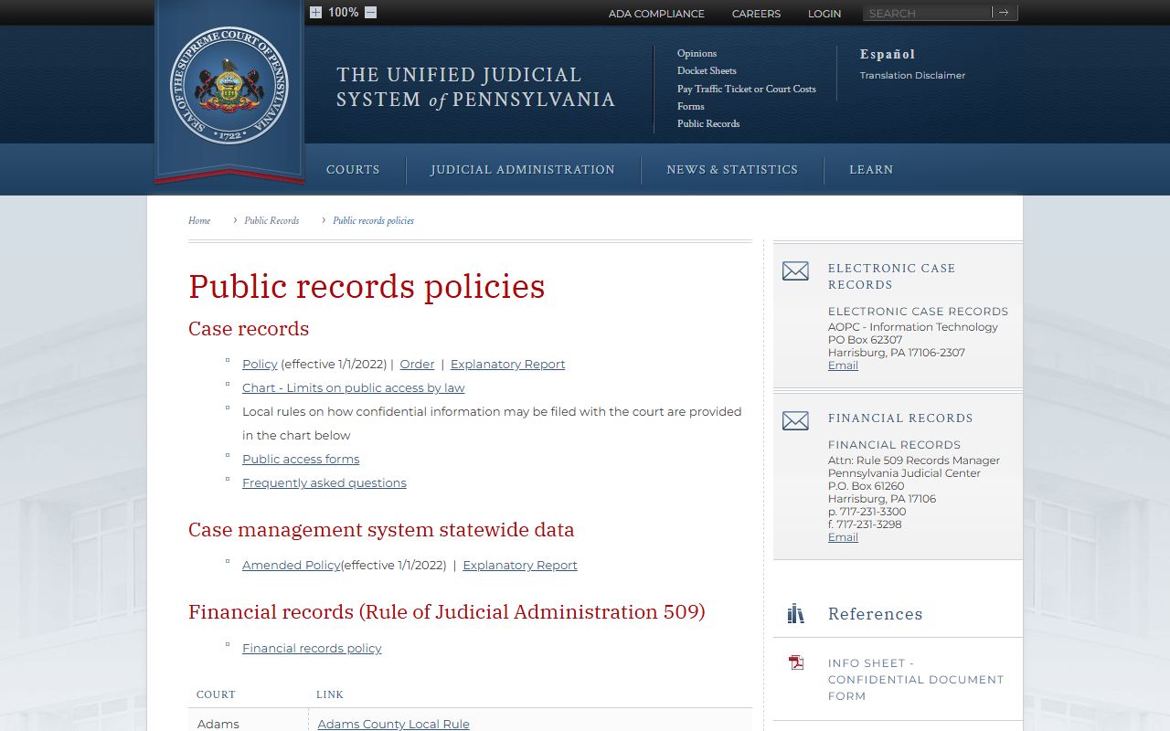 Luzerne County court records Pennsylvania case records public access policy