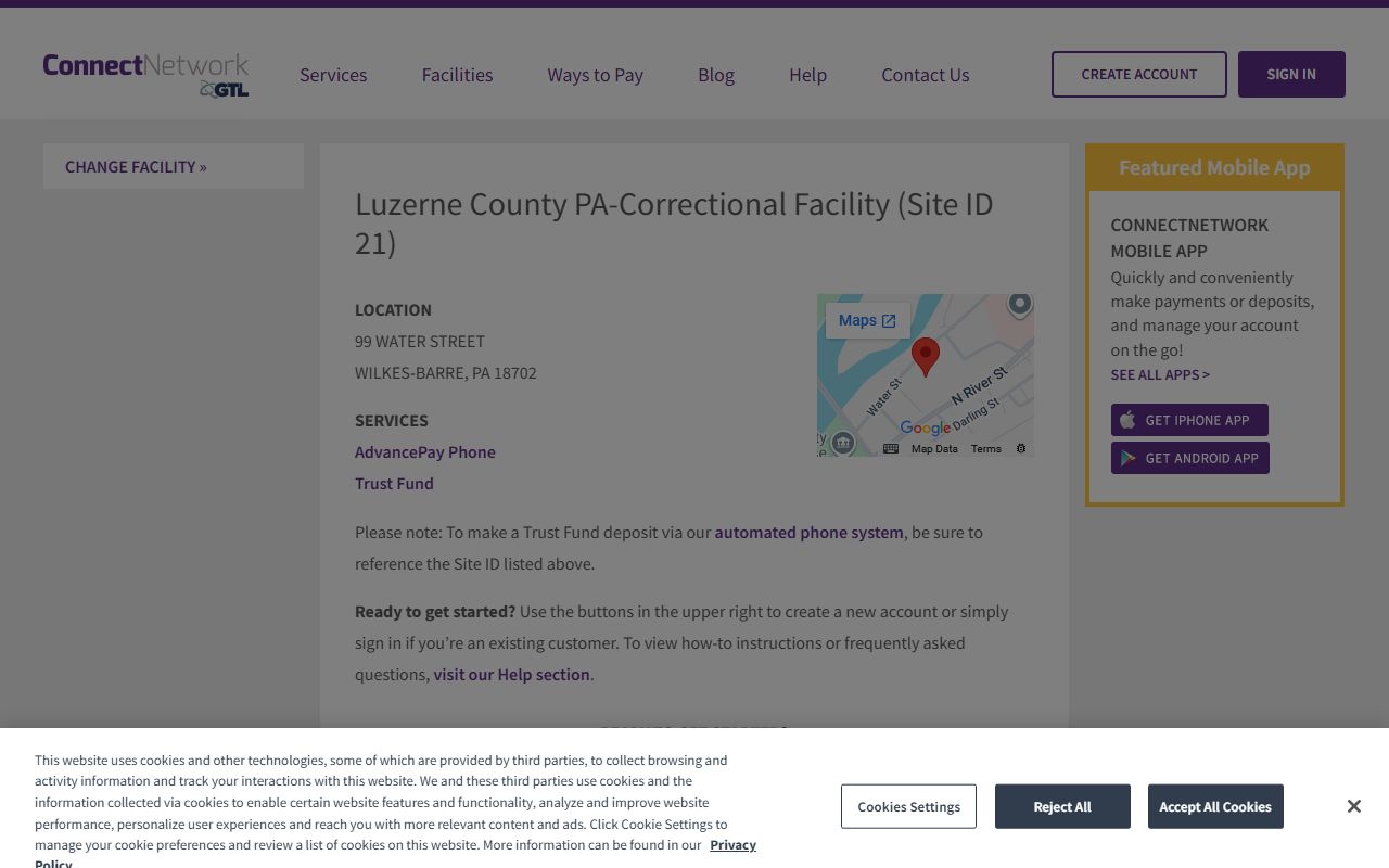 Luzerne County inmate records ConnectNetwork facility page