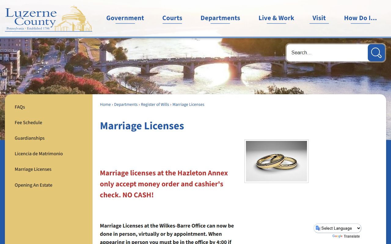 Luzerne County marriage records marriage licenses page