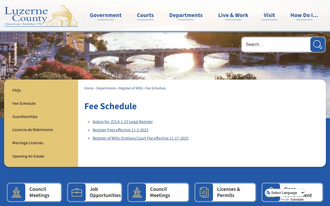 Luzerne County Orphans' Court Register of Wills fee schedule page