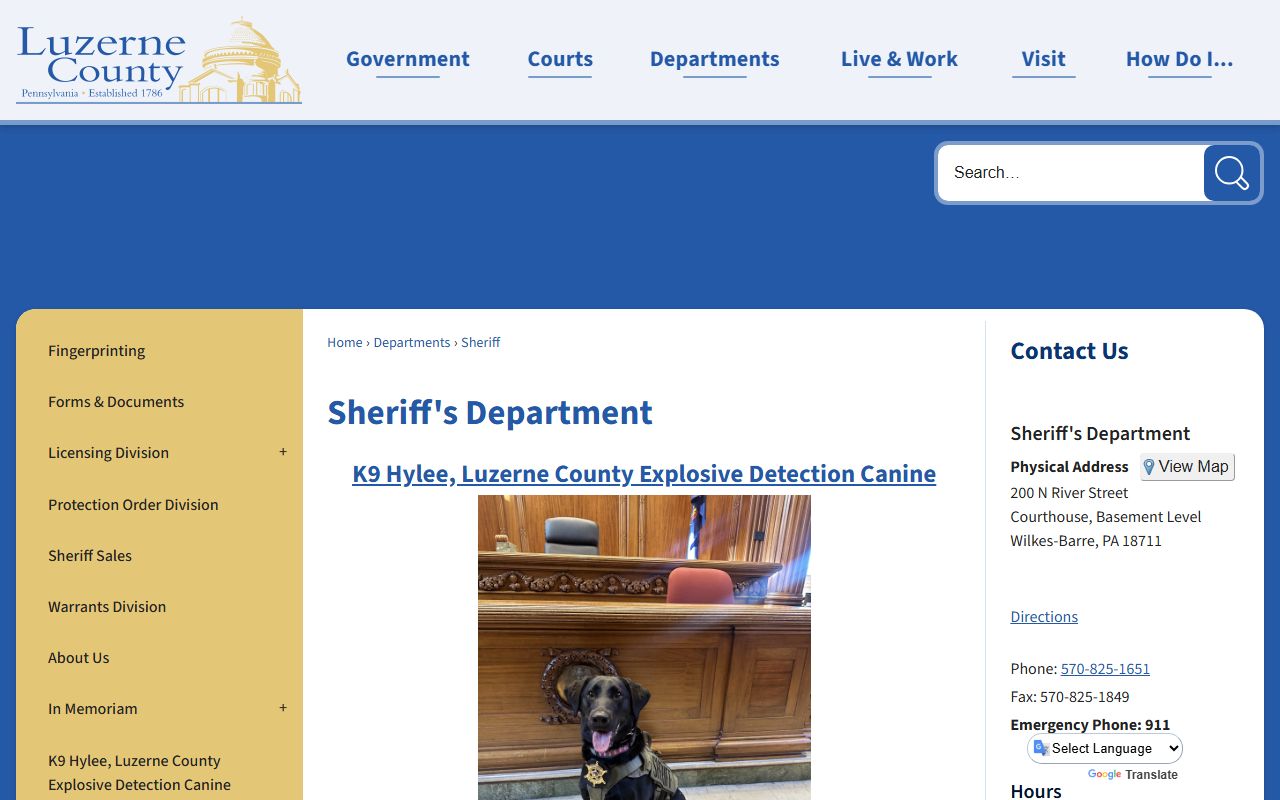 Luzerne County warrant records Sheriff's Department page