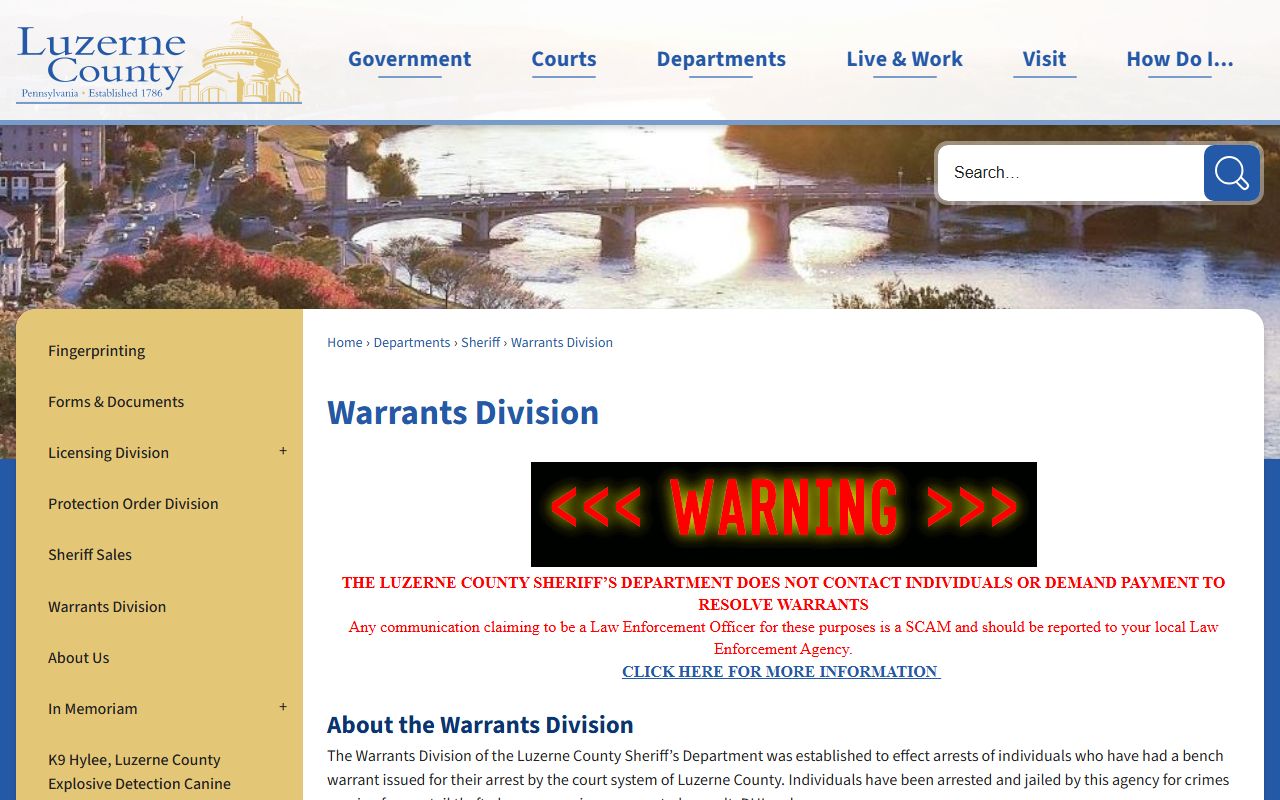 Luzerne County warrant records Warrants Division page