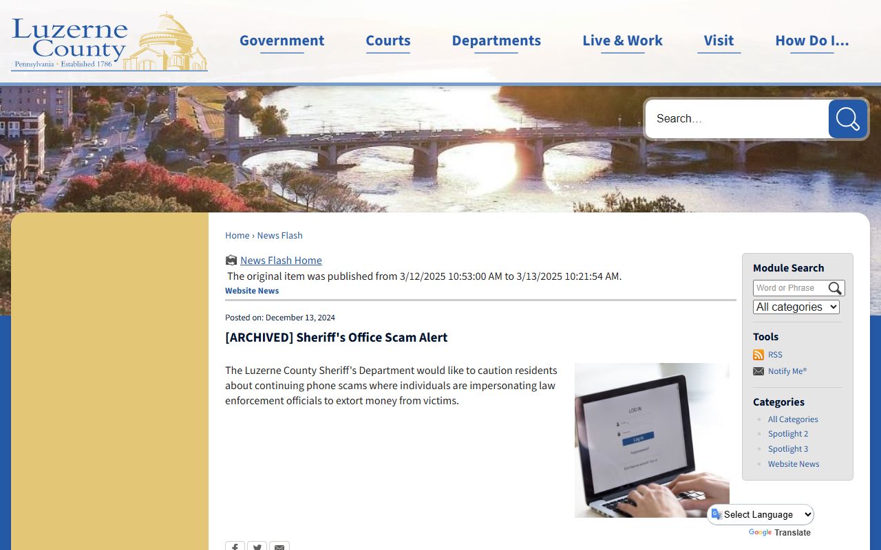 Luzerne County warrant records official sheriff scam alert archive